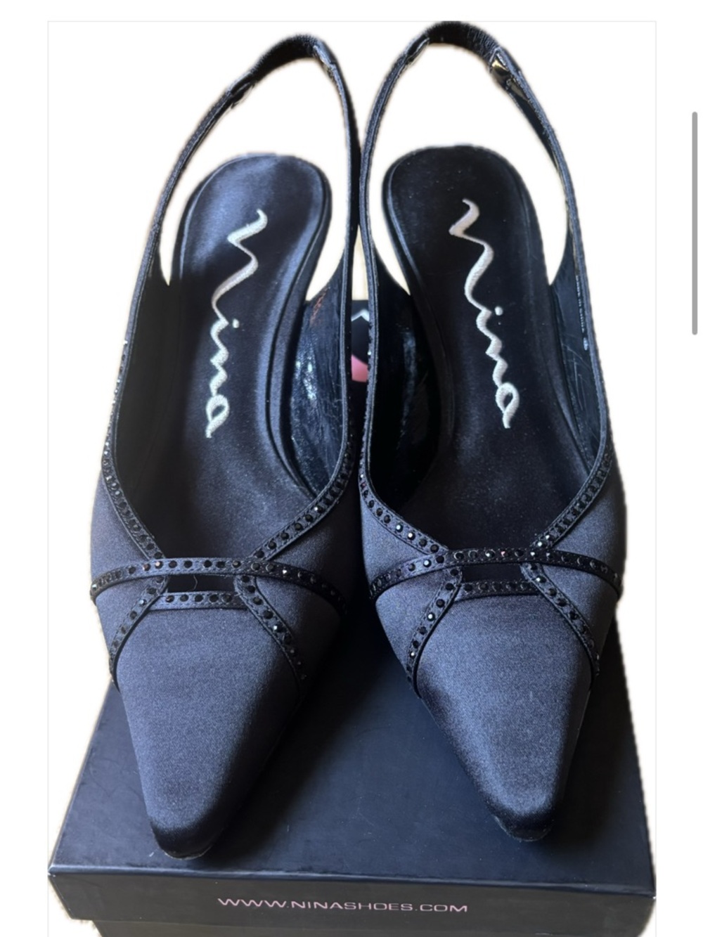 Nina Black Satin Pointed Slingback Mules with Crystal Trim